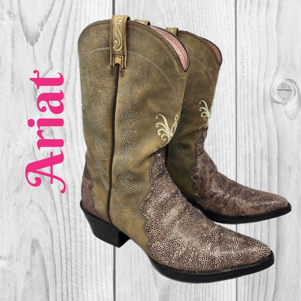 Ariat Tan Brown Embossed & Embroidered Leather Heeled Cowboy Boots